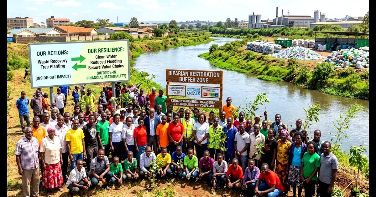 Community group beside a restored riparian buffer on a Kenyan riverbank