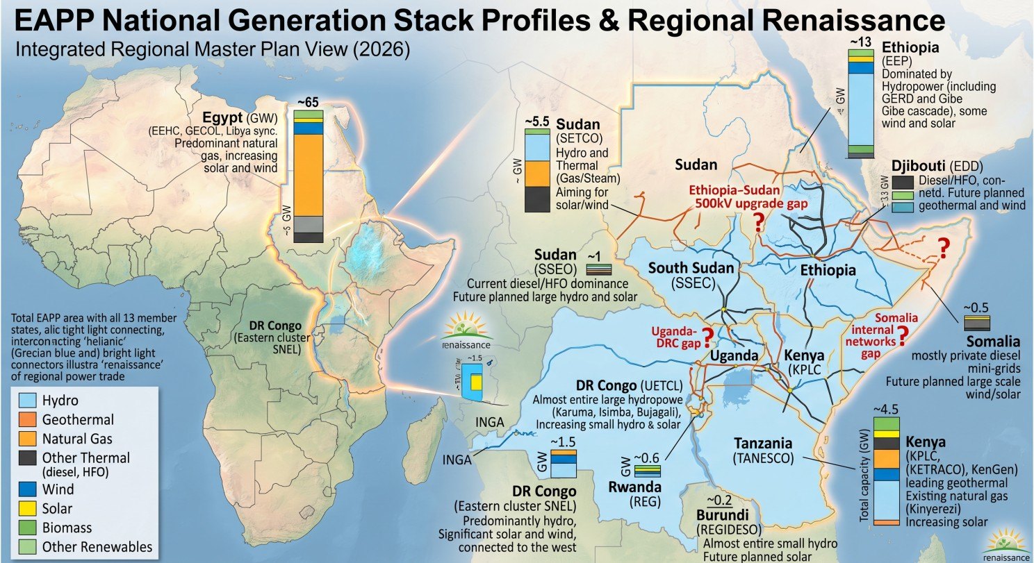 Map of EAPP member states showing each country's generation stack by technology, total capacity in gigawatts, and the transmission gaps between them