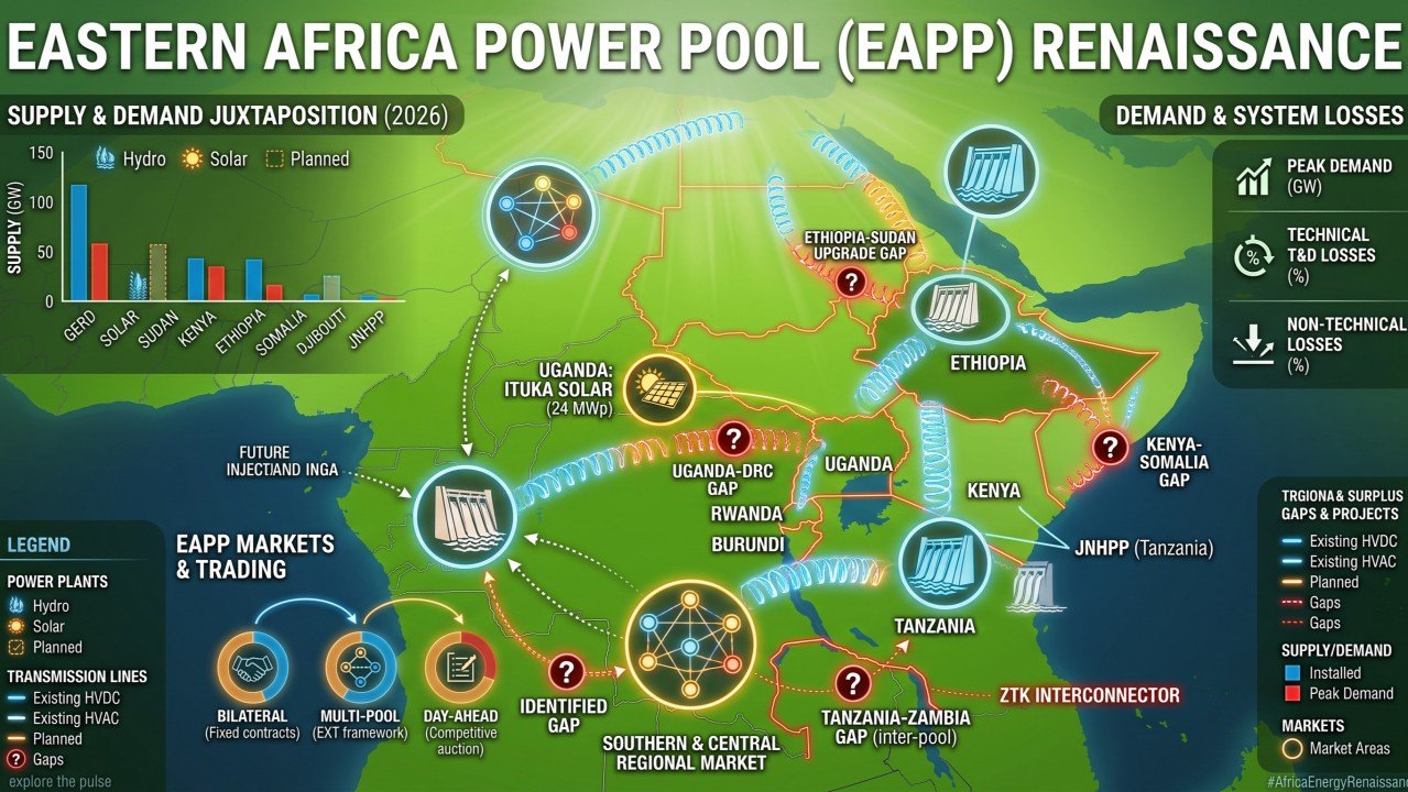 Diagram juxtaposing EAPP supply and demand for 2026 against the region's transmission corridors, market structures and identified interconnection gaps